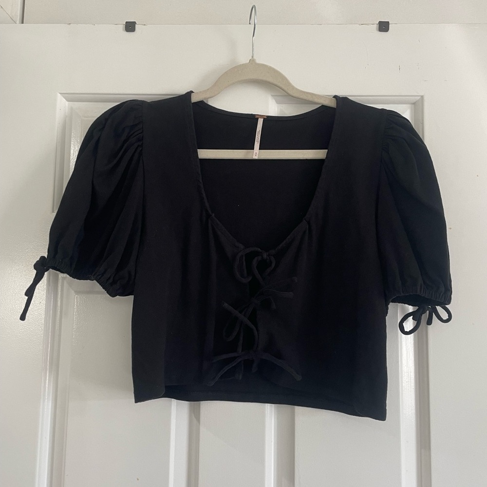 Black Puff Sleeve Tie-Front Top